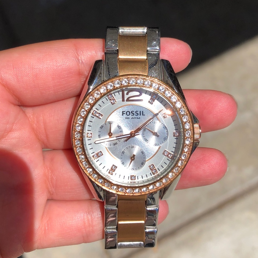 Fossil watch adjustable silver/rose gold crystals
